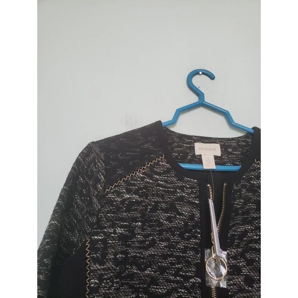 Chico's 1 Womens 8 S Jacket Full Zipper Gray Heather Pieced Jacquard Black NWT - Picture 4 of 7